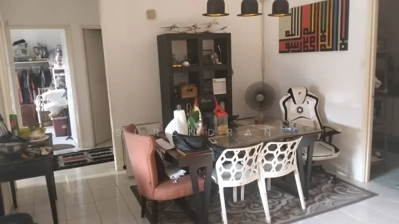 Dining features: 4-seater dining table, white plastic dining chairs, brown upholstered dining chair, decorative area rug, ceiling pendant lights, wall-mounted fan, black wooden side table, colorful wall art, open shelving unit, kitchen visible in background, clothing storage area visible in background; style: modern.