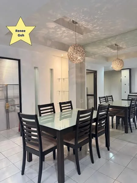 Dining features: 6-seater dining table with glass top, black wooden dining chairs, pendant lighting fixtures, white walls, tile flooring, decorative wall with glass shelves, recessed ceiling lights, mirror panel on ceiling; style: modern.