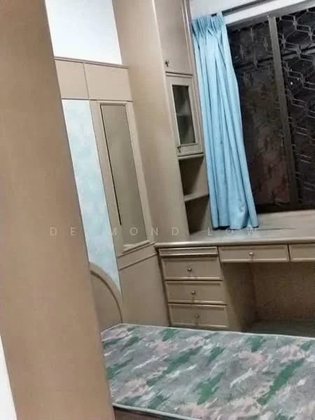 Bedroom features: single bed, built-in wardrobe with mirrored doors, wooden cabinetry, desk with drawers, curtains in light blue, wall-mounted shelving, floral-patterned mattress, window with metal grille.