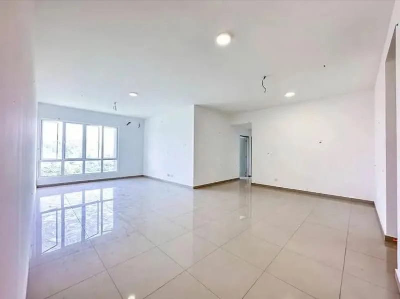 Living features: white painted walls, glossy ceramic tile flooring, floor-to-ceiling windows, recessed downlights, open layout, neutral color scheme, no visible furniture, natural light from windows; style: modern; view: garden.