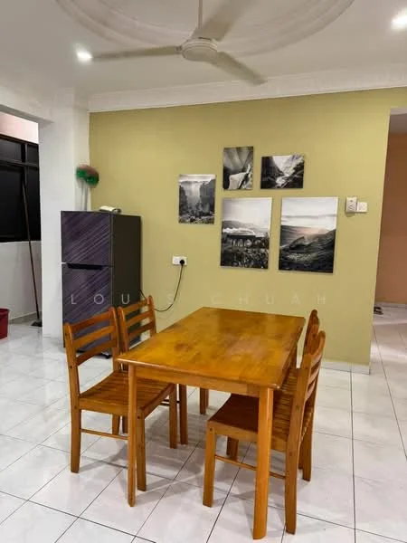 Dining features: wooden dining table, 4 wooden dining chairs, white tiled flooring, green accent wall, framed artwork on wall, refrigerator, ceiling fan, wall-mounted electrical outlets; style: modern.