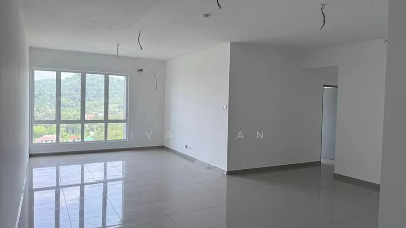 Room features: white painted walls, glossy ceramic tile flooring, large floor-to-ceiling windows, mountain view, ceiling with exposed wiring, neutral color scheme, open layout, natural light; style: modern; view: mountain.