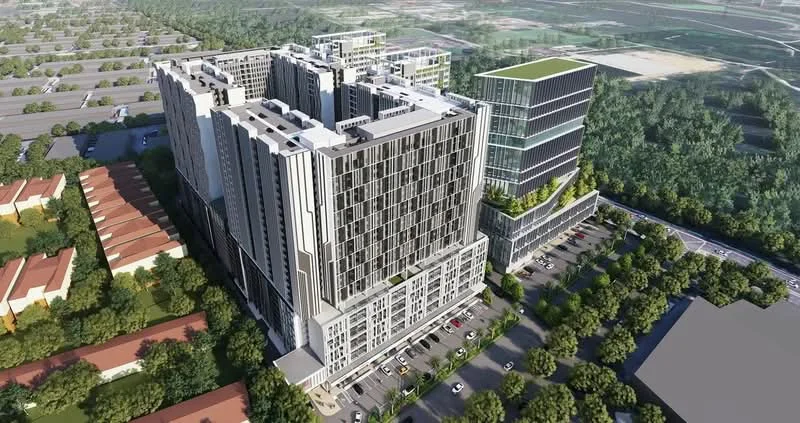 Exterior type: high-rise condominium; features: glass curtain wall, exposed concrete facade, recessed balconies, green roof terrace, multi-storey car park, landscaped garden area, surrounded by mature greenery, open-air parking lot; style: modern.