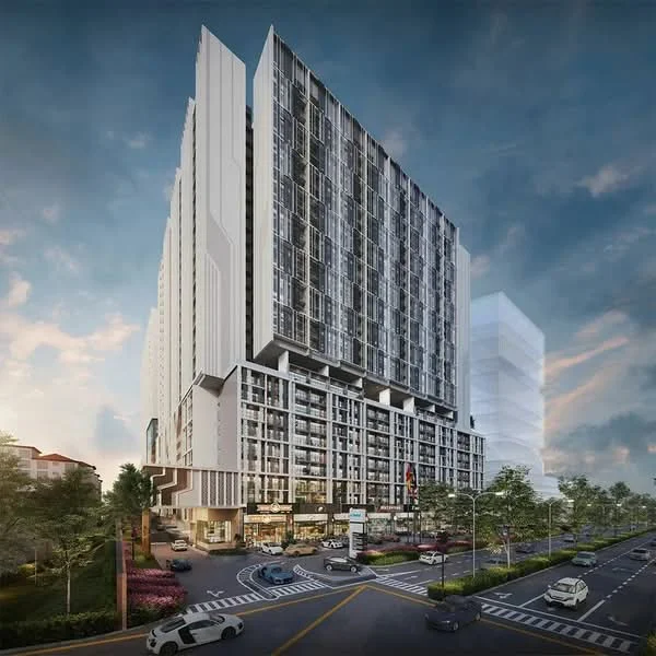 Exterior type: high-rise condominium; features: glass curtain wall, white painted facade, projecting balconies, multiple storeys, commercial space at ground level, landscaped garden at base, surrounded by trees, urban context with nearby roads; style: modern.