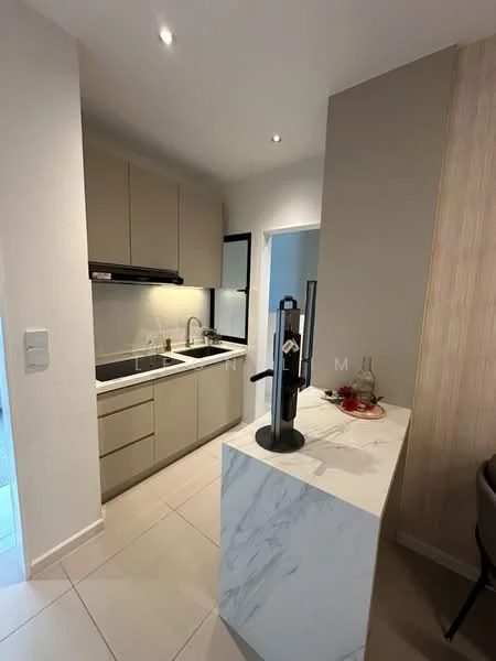 Kitchen features: light grey cabinetry, white marble countertop, single-bowl stainless-steel sink, chrome pull-down faucet, built-in oven, stainless-steel range hood, 4-burner gas hob, tile flooring, recessed downlights, wall-mounted cabinets, open shelving, neutral wall colour; style: modern.