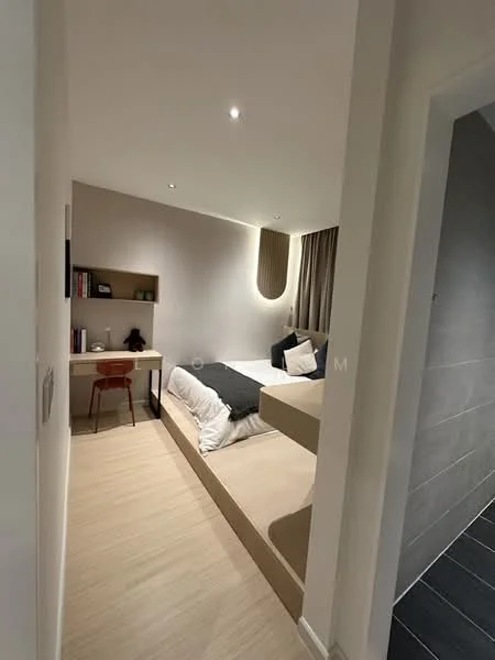 Room features: wooden flooring, white painted walls, recessed downlights, built-in shelving unit, single bed, upholstered headboard, study desk with chair, curtains, neutral bedding, decorative wall feature; style: modern.