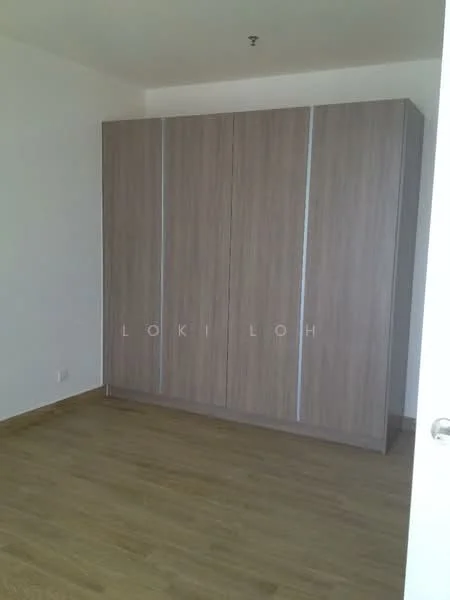 Room features: wooden flooring, built-in wardrobe with sliding doors, neutral painted walls, single ceiling light fixture; style: modern.