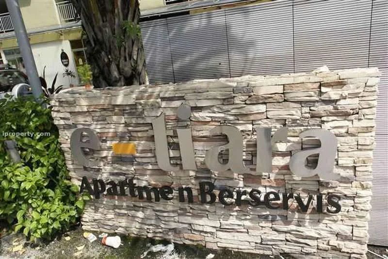 Exterior features: stone cladding, landscaped greenery, signage with name 'e-tiara', modern font, decorative plants; style: modern.