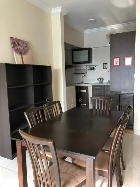 Dining features: wooden dining table with six chairs, light-colored walls, white ceiling with crown moulding, tile flooring, open layout to kitchen, dark wood shelving unit, framed artwork on wall, kitchen area visible in background; style: modern. Kitchen features: kitchen cabinets in dark wood, stainless-steel sink, built-in kitchen appliances, countertop space, open shelving, tile backsplash; style: modern.