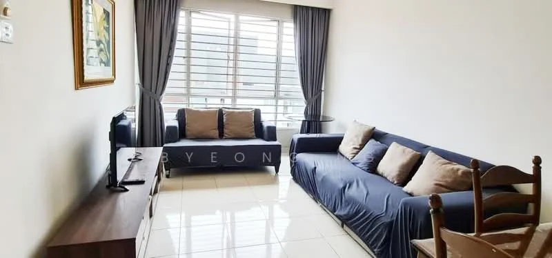 Living features: 2-seater fabric sofa in navy blue, 3-seater fabric sofa in navy blue, wooden TV console, wall-mounted TV, large window with horizontal blinds, white painted walls, glossy tile flooring, decorative framed artwork, curtains in grey, area rug; style: modern; view: city.