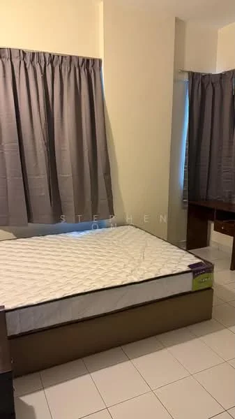 Bedroom features: queen-size bed frame without mattress, white bed linens, grey curtains, tile flooring, wooden bedside table, wall-mounted mirror, built-in wardrobe, neutral wall color.