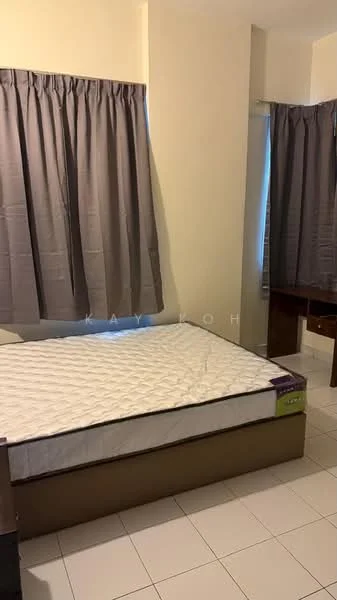 Bedroom features: queen-size bed, mattress, grey curtains, white tiled flooring, wooden bedside table, window with natural light, light-colored walls, built-in wardrobe.