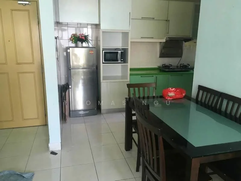 Kitchen features: green cabinetry, white upper cabinets, stainless-steel fridge, built-in gas stove, exhaust hood, white tiled backsplash, grey countertop, dining table with black glass top, wooden dining chairs, floor tiles, decorative plant on countertop; style: modern.