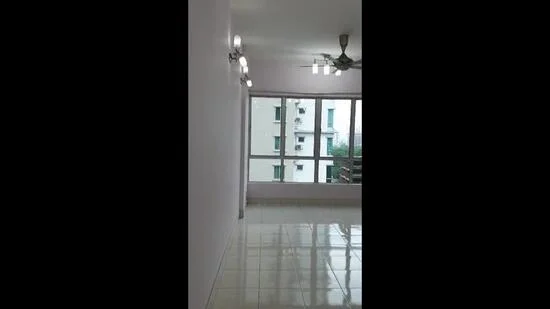 Room features: white painted walls, glossy tile flooring, ceiling fan, recessed downlights, large windows, view of exterior building.