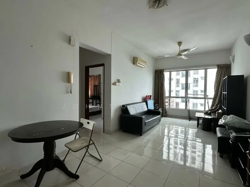 Living features: white painted walls, glossy white tile flooring, 5-blade ceiling fan, floor-to-ceiling windows, curtains, black leather sofa, round dining table, plastic folding chair, TV console, natural light from windows; style: modern; view: city. Room features: white painted walls, glossy white tile flooring.
