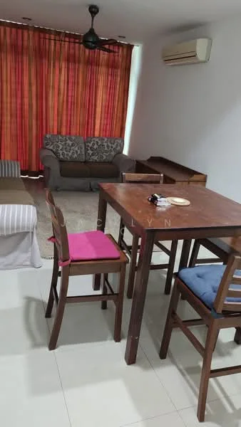Dining features: wooden dining table, 4 wooden dining chairs, pink upholstered chair, blue upholstered chair, area rug, ceiling fan, wall-mounted split AC, large window with red and orange striped curtains, sofa in grey fabric, side table, light-colored tiled flooring; style: modern.
