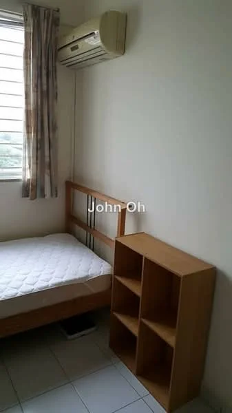 Bedroom features: single bed frame, mattress, wooden bookshelf, wall-mounted air conditioning unit, curtains with patterned design, white painted walls, tile flooring, window with horizontal slats.
