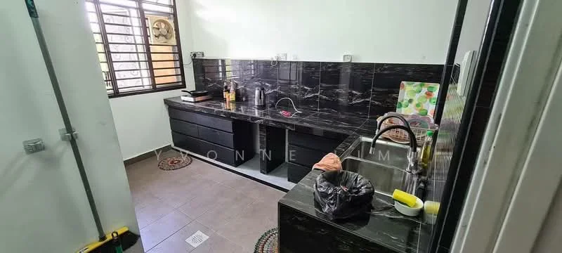 Kitchen features: black marble countertop, black cabinetry, single-bowl stainless-steel sink, chrome pull-down faucet, tile flooring, window with metal grille, wall-mounted storage, decorative wall art, kitchen towel, trash bin, cleaning supplies; style: modern.
