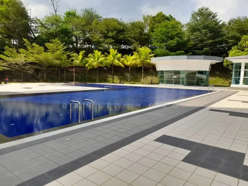 Exterior type: swimming pool deck; features: infinity pool, pool deck with loungers, surrounded by tropical landscaping, palm trees, manicured lawn, modern pool house with glass facade, tile flooring around pool, outdoor seating area; style: modern.