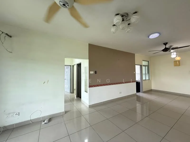 Living features: white painted walls, grey accent wall, glossy ceramic tile flooring, 5-blade ceiling fan, recessed downlights, wall-mounted light fixture, open layout, large windows, doorway leading to another room; style: modern.