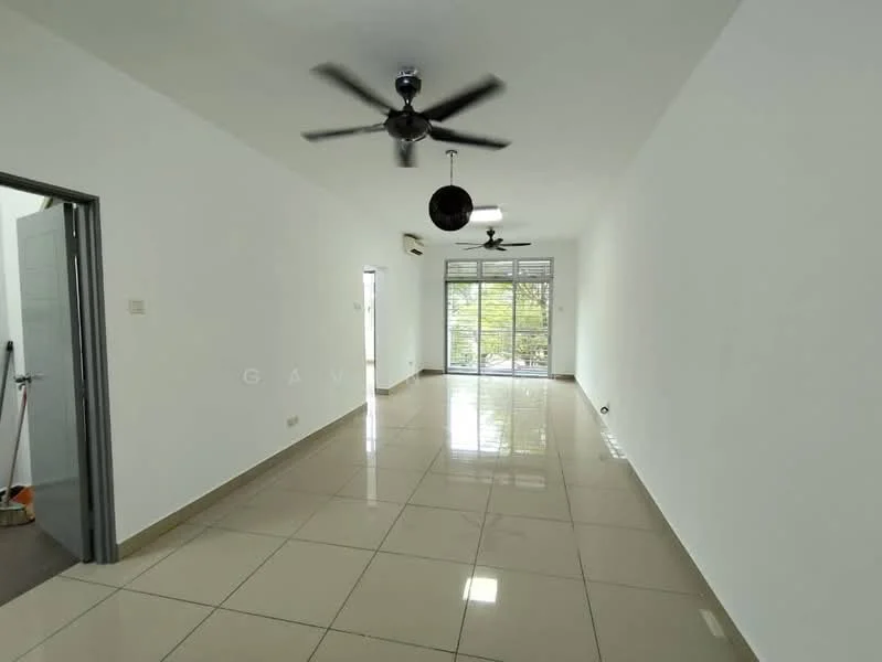 Living features: white painted walls, glossy ceramic tile flooring, 2 ceiling fans, floor-to-ceiling windows, sliding glass door, natural light from windows, neutral color scheme, open layout; style: modern; view: garden.