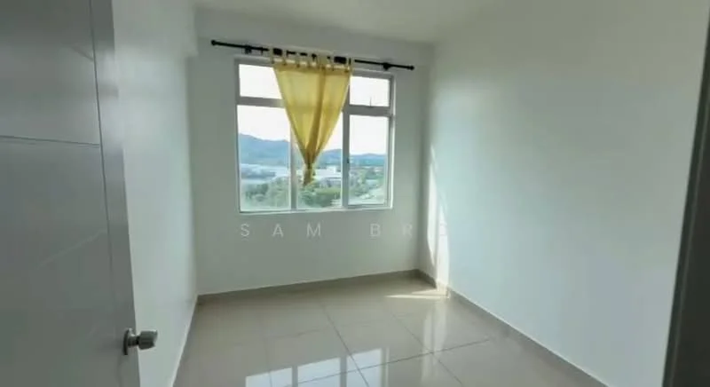 Room features: white painted walls, glossy ceramic tile flooring, large window with mountain view, yellow sheer curtains, single door, neutral color scheme; style: modern; view: mountain.