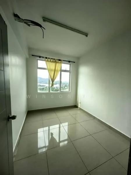 Room features: white painted walls, glossy ceramic tile flooring, large window with sheer yellow curtains, ceiling light fixture, view of landscape outside; style: modern; view: landscape.