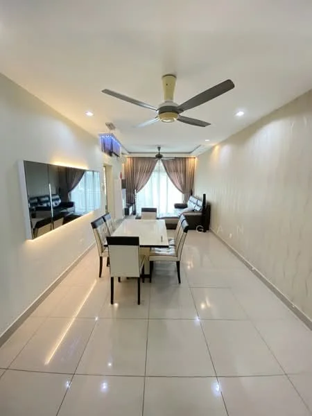 Dining features: 6-seater dining table, upholstered dining chairs, ceiling fan with light, wall-mounted mirror, large windows with sheer curtains, cream painted walls, glossy tile flooring, recessed lighting, sofa in background, decorative wall texture; style: modern.