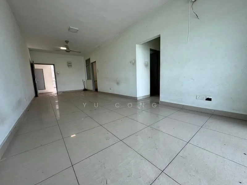 Room features: white painted walls, glossy ceramic tile flooring, ceiling fan, doorway leading to another room, doorway leading to the exterior, light switch, wall-mounted electrical outlets, neutral color scheme; style: minimalist.