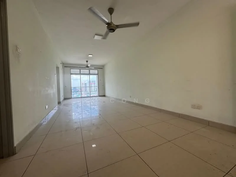 Living features: white painted walls, glossy ceramic tile flooring, 5-blade ceiling fan, recessed downlights, sliding glass door, floor-to-ceiling windows, natural light from windows, neutral color scheme; style: modern; view: city.