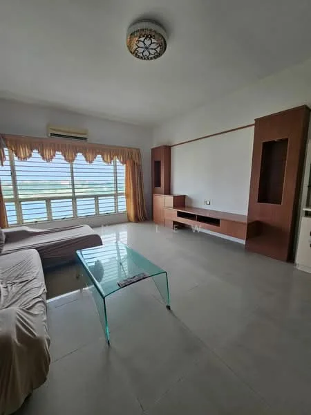 Living features: light grey tiled flooring, white painted walls, ceiling light fixture with decorative design, large windows with horizontal slats, beige curtains, built-in wooden TV console, glass coffee table, sofa with beige cover, air conditioning unit on wall; style: modern; view: city.
