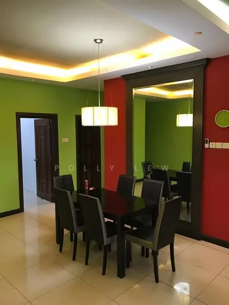 Dining features: black dining table, 6 upholstered dining chairs in black, green painted walls, red accent wall, mirrored wall, recessed ceiling lights, pendant light fixture, glossy tile flooring, doorway leading to hallway, wall clock; style: modern.