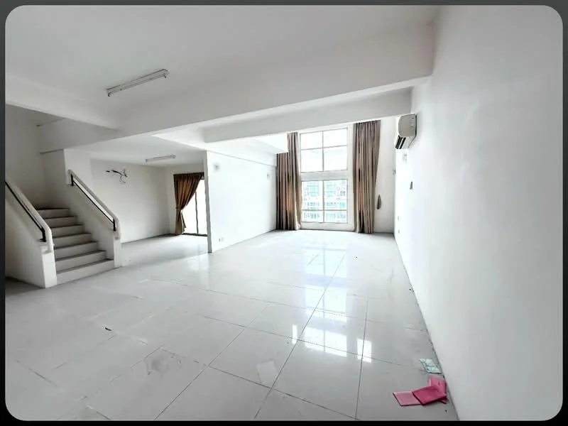 Living features: white painted walls, glossy ceramic tile flooring, large floor-to-ceiling windows, curtains, air conditioning unit, staircase, recessed ceiling lights; style: modern; view: city.