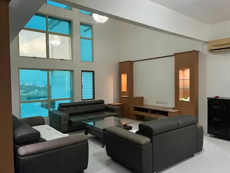 Living features: grey leather sofas, glass coffee table, wall-mounted TV console, built-in shelving units, large floor-to-ceiling windows, white walls, recessed lighting, air conditioning unit, light fixtures, neutral tile flooring; style: modern; view: city.