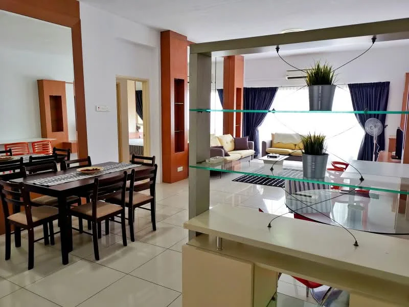 Living features: sofa in beige, coffee table, floor-to-ceiling windows, curtains in dark blue, area rug, decorative plants, wall-mounted air conditioning unit, light-colored walls, tile flooring; style: modern. Dining features: 6-seater dining table, black dining chairs, table runner, decorative plate on table, light-colored walls, tile flooring; style: modern.