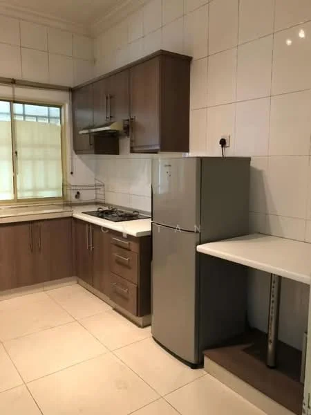Kitchen features: brown wooden cabinetry, white tiled backsplash, granite countertop, stainless-steel gas hob, built-in range hood, single-bowl stainless-steel sink, grey fridge, white wall-mounted shelf, large window for natural light, cream tiled flooring; style: modern.
