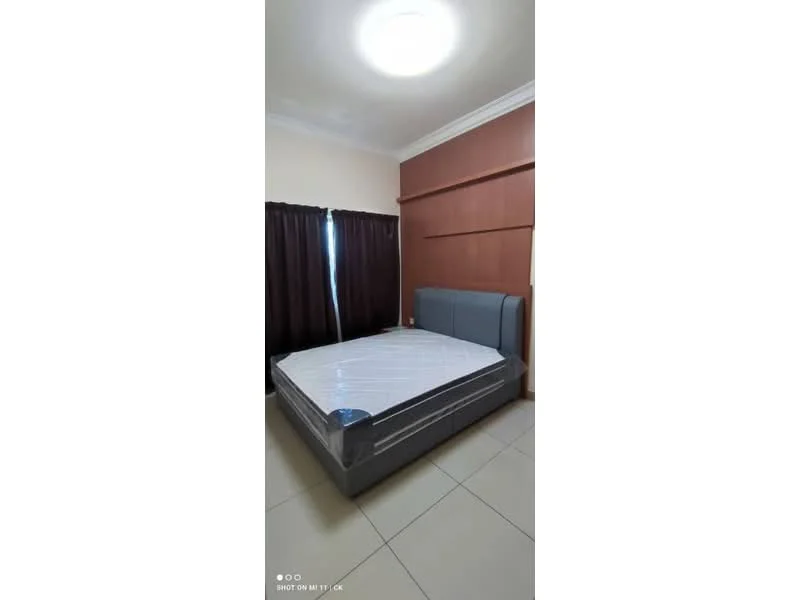Bedroom features: king-size bed, upholstered headboard, grey bed frame, white mattress, cream painted walls, dark brown wooden feature wall, floor-to-ceiling curtains, tile flooring, ceiling light fixture; style: modern.