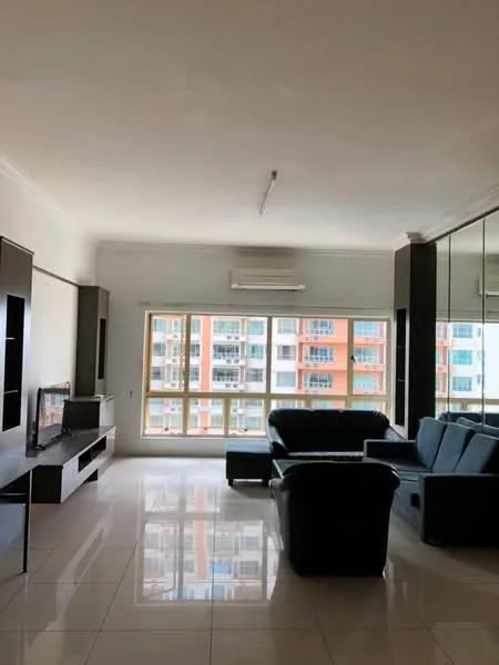 Living features: L-shape sectional sofa in dark blue, flat-screen TV on wall-mounted unit, white painted walls, glossy white tile flooring, floor-to-ceiling windows, 1 wall-mounted split AC, recessed ceiling lights, mirror wall, coffee table, decorative wall unit; style: modern; view: city.