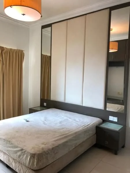 Bedroom features: queen-size bed, upholstered headboard, nightstand with drawer, built-in wardrobe, floor-to-ceiling mirror, cream curtains, ceiling light fixture, white painted walls, tile flooring; style: modern.