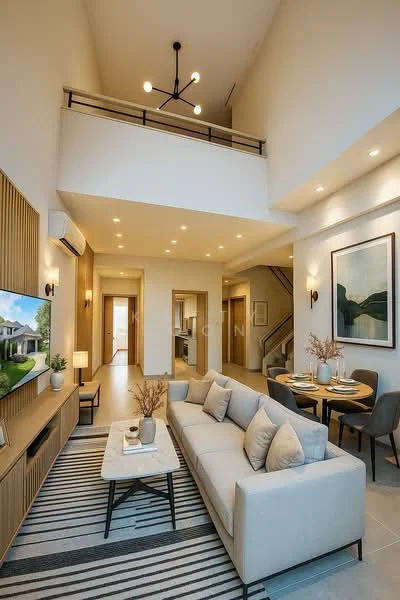 Living features: sofa in light beige fabric, coffee table with marble top, TV console with wooden cabinetry, wall-mounted TV, area rug with striped pattern, 5-blade ceiling fan with light, recessed LED downlights, large windows allowing natural light, decorative wall art, dining table with chairs in background, open-plan layout, high ceiling, wooden staircase visible; style: modern.