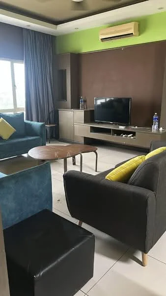 Living features: 2-seater fabric sofa in grey, 3-seater fabric sofa in blue, coffee table, wall-mounted TV, TV console, floor-to-ceiling window, curtains, air conditioning unit, decorative cushions in yellow, light-colored wall with green accent, dark brown accent wall, white tiled flooring; style: modern; view: city.