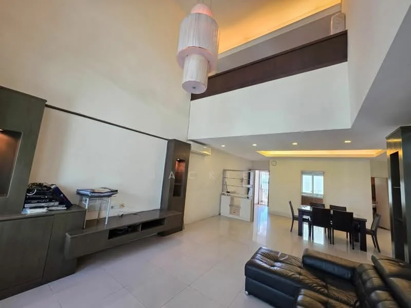Living features: black leather sectional sofa, glass coffee table, TV console with storage, wall-mounted TV, white painted walls, high ceiling, recessed LED downlights, pendant light fixture, large windows, tile flooring, dining area with 6-seater dining table, open layout; style: modern.