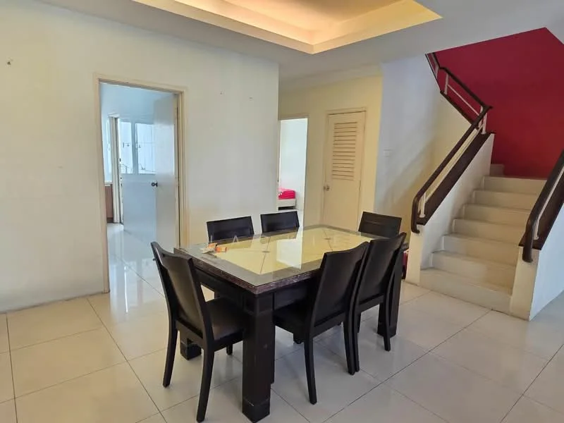Dining features: 6-seater dining table with glass top, black dining chairs, white painted walls, tile flooring, recessed ceiling lights, staircase leading to upper floor, doorway to adjacent room; style: modern. Room features: white painted walls, tile flooring, doorway leading to kitchen, staircase.