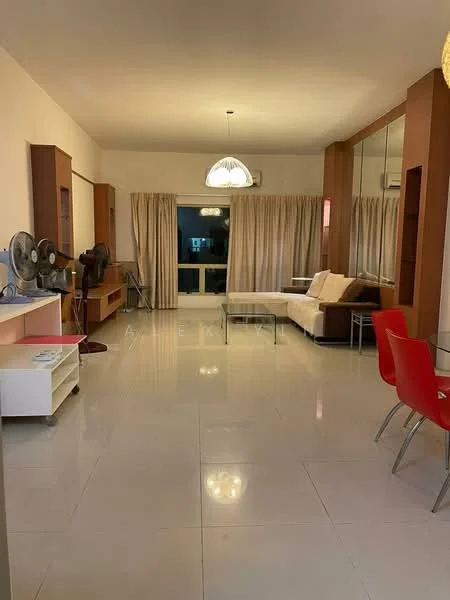 Living features: cream painted walls, glossy tile flooring, 5-blade ceiling fan with light, large window with sheer curtains, sofa with beige upholstery, coffee table, TV console, wall-mounted TV, dining table with transparent chairs, decorative mirror, built-in shelving unit; style: modern; view: city.