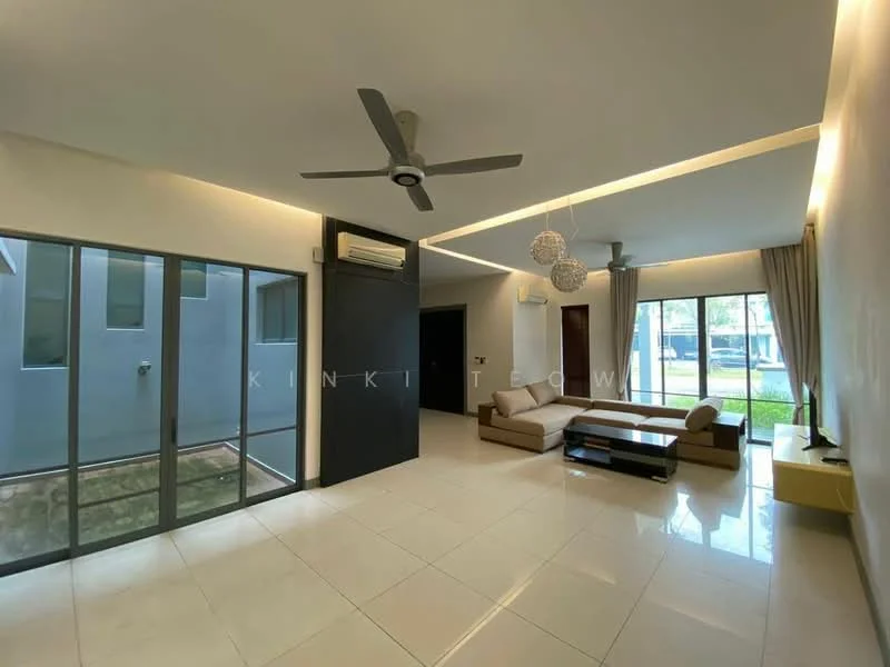 Living features: cream painted walls, white ceiling, 5-blade ceiling fan with light, floor-to-ceiling windows, sliding glass door, light-colored sofa, coffee table, TV console, marble tile flooring, curtains, decorative light fixtures; style: modern; view: garden.