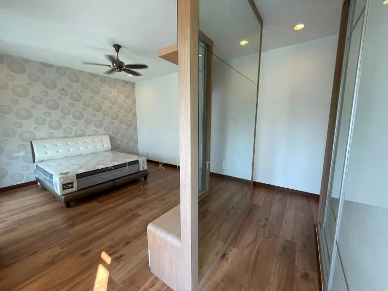 Bedroom features: wooden flooring, white painted walls, ceiling fan, upholstered bed frame, built-in wardrobe with glass doors, decorative wall with circular pattern, natural light from windows, no bedding on bed; style: modern.