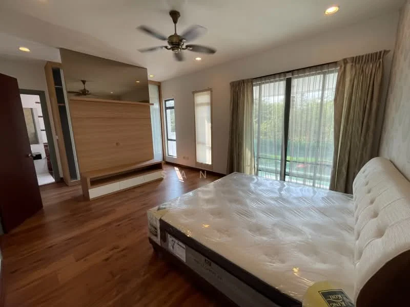 Bedroom features: queen-size bed, wooden flooring, 5-blade ceiling fan, floor-to-ceiling windows, sheer curtains, built-in wardrobe, wood panel accent wall, decorative wall with light, natural light from windows, view of greenery; style: modern; view: garden.