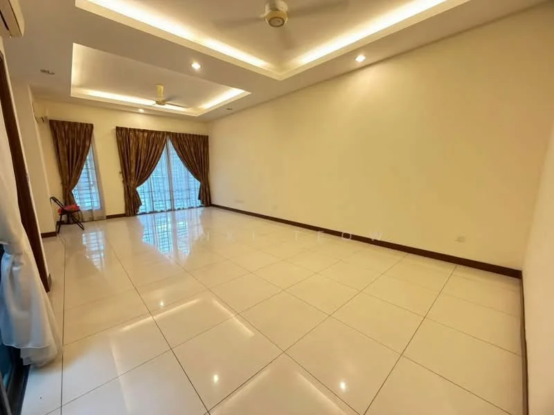 Living features: white painted walls, glossy ceramic tile flooring, tray ceiling with recessed lighting, 5-blade ceiling fan, floor-to-ceiling windows, sheer curtains, dark wood window frames, neutral color scheme, open layout, no visible furniture; style: modern.