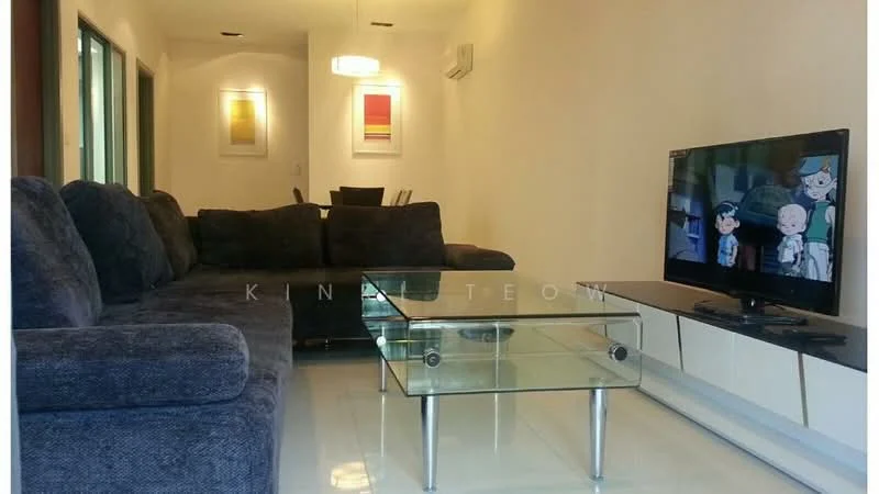 Living features: 3-seater fabric sofa in dark grey, glass coffee table, wall-mounted TV, TV console with storage, white painted walls, recessed downlights, floor-to-ceiling windows, light-colored flooring, decorative artwork on walls, air conditioning unit; style: modern.