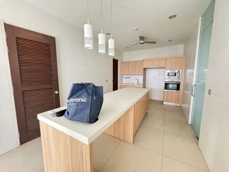 Kitchen features: island kitchen with white countertop, wood cabinetry, built-in oven, microwave, stainless-steel fridge, 5-blade ceiling fan, pendant lighting, ceramic tile flooring, sliding glass door, pantry, sink, backsplash, open shelving; style: modern.